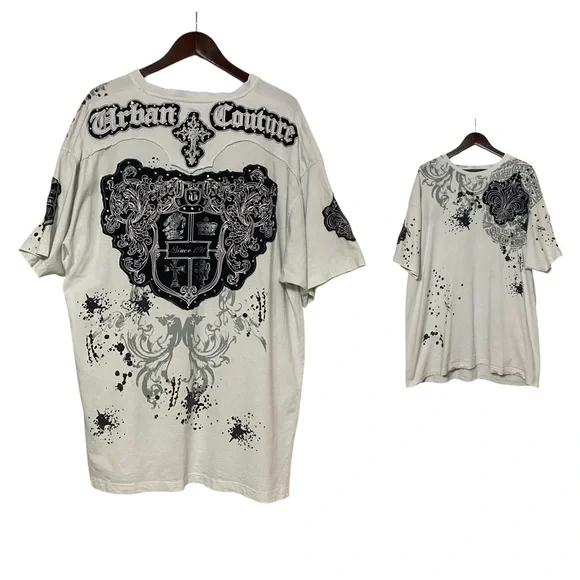 Victorious Urban Couture Graphic T Shirt Vtg Baggy White Rhinestone Goth Y2K - Picture 16 of 16